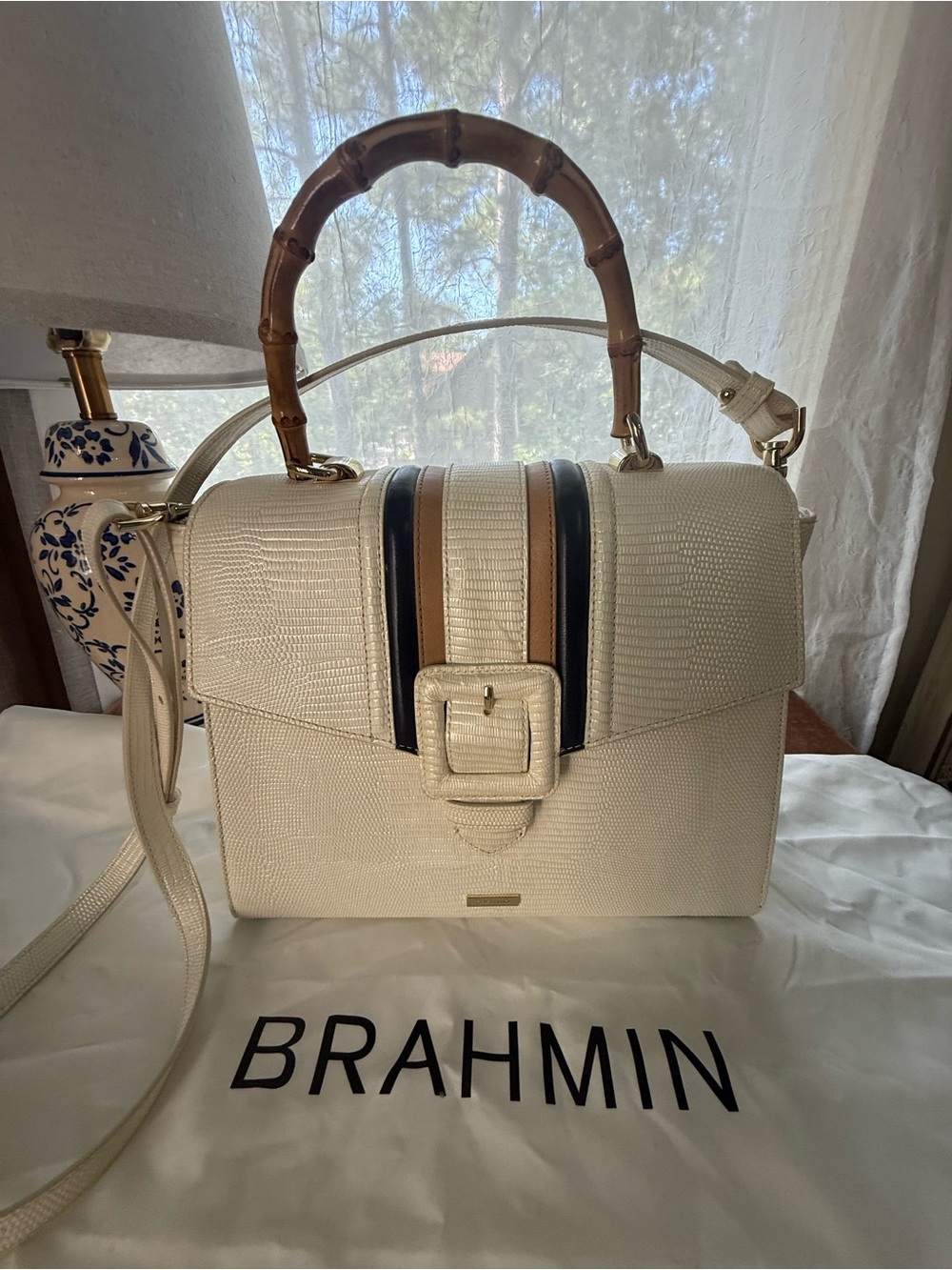 Brahmin Cream Textured Satchel with Bamboo Top Handle and Black/Tan Stripes